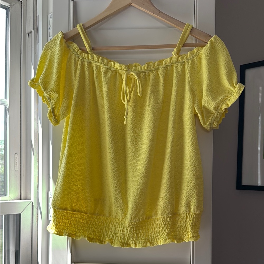 Yellow Tie Front Smocked Blouse with Short Sleeves